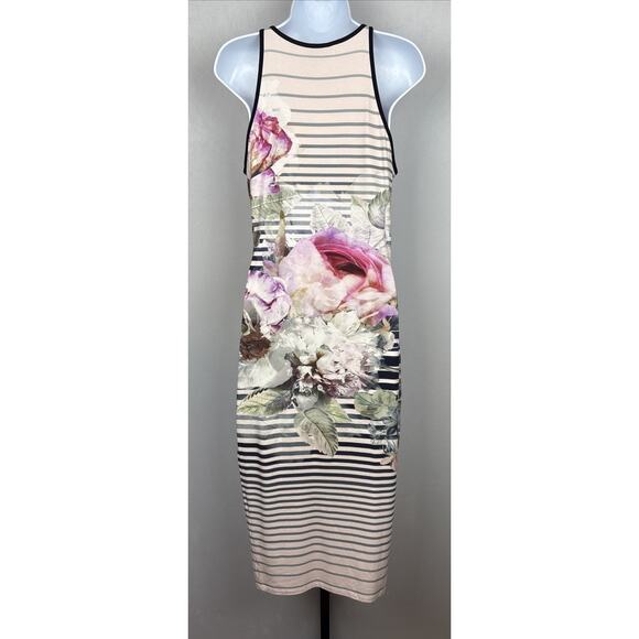 Ted Baker Laya Peony Sleeveless Midi Dress Size 4-6 Floral Striped Bodycon Art - Picture 5 of 8